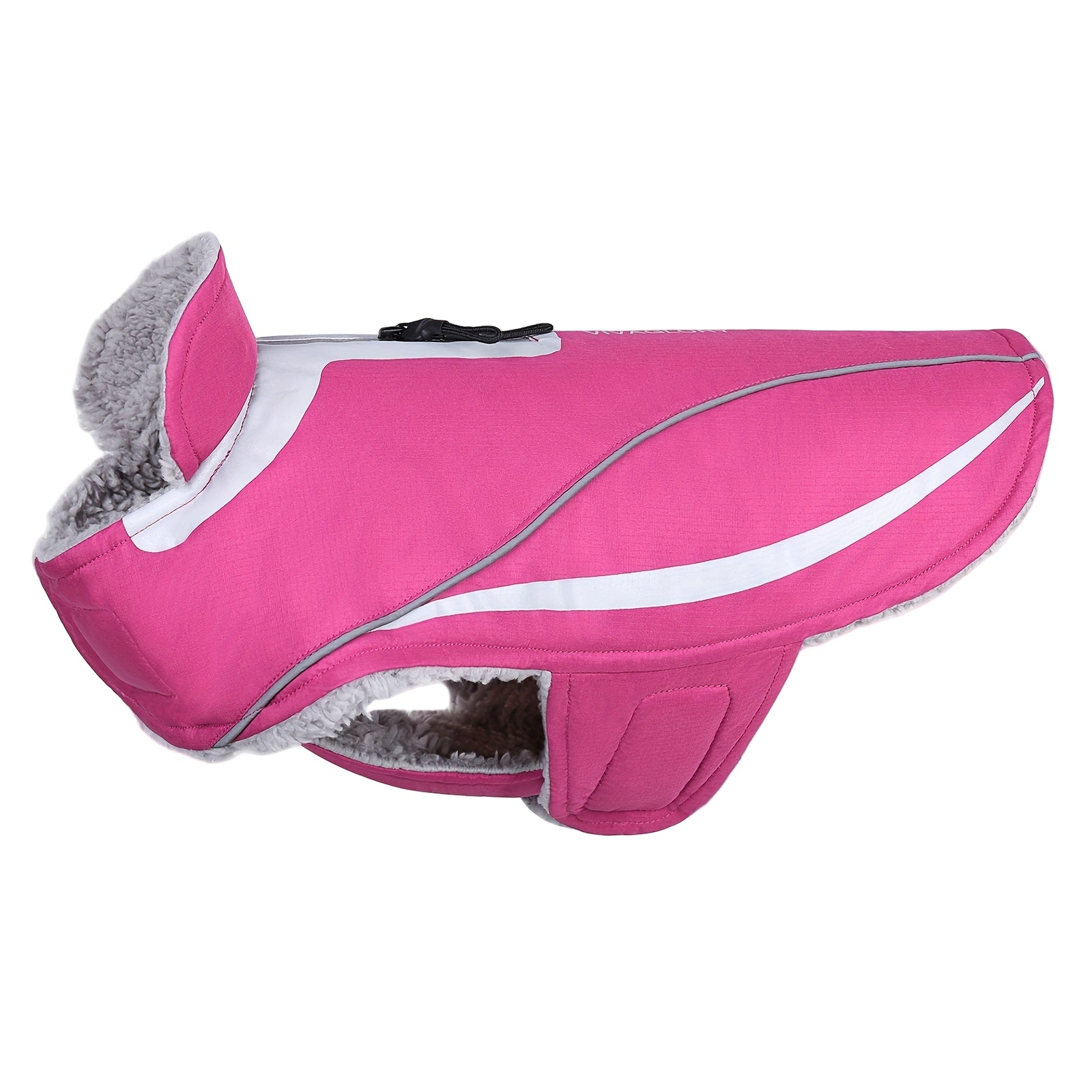 Pink pet coat with gray fur lining on a white background.