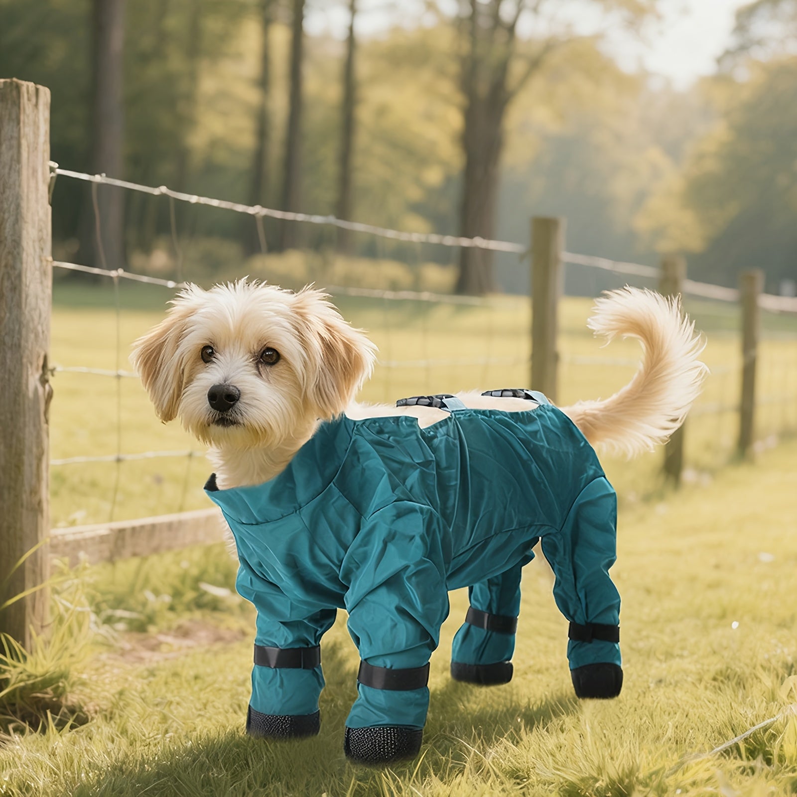 Dog wearing a blue raincoat standing in a grassy field with trees in the background