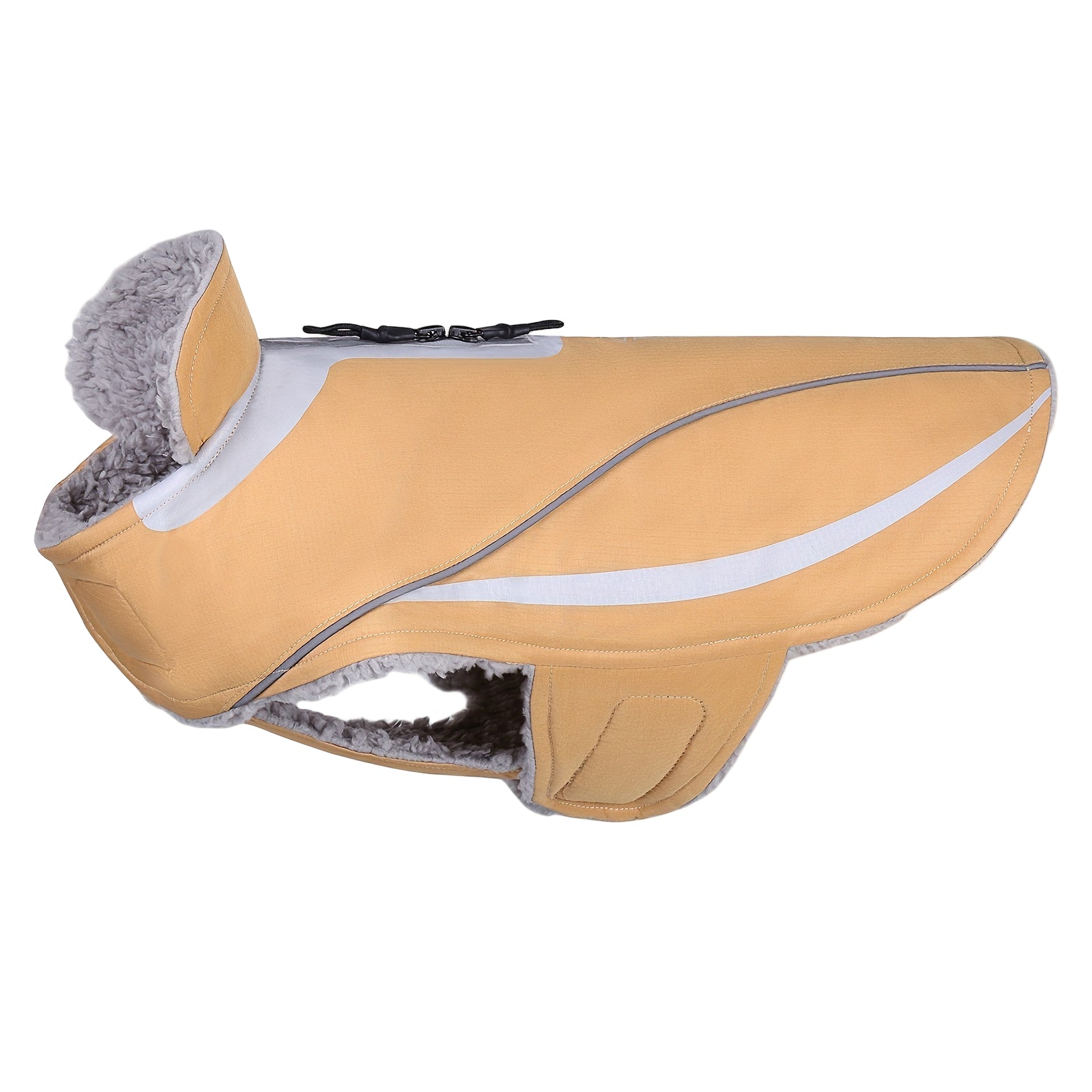 Yellow dog coat with gray fur lining on a white background