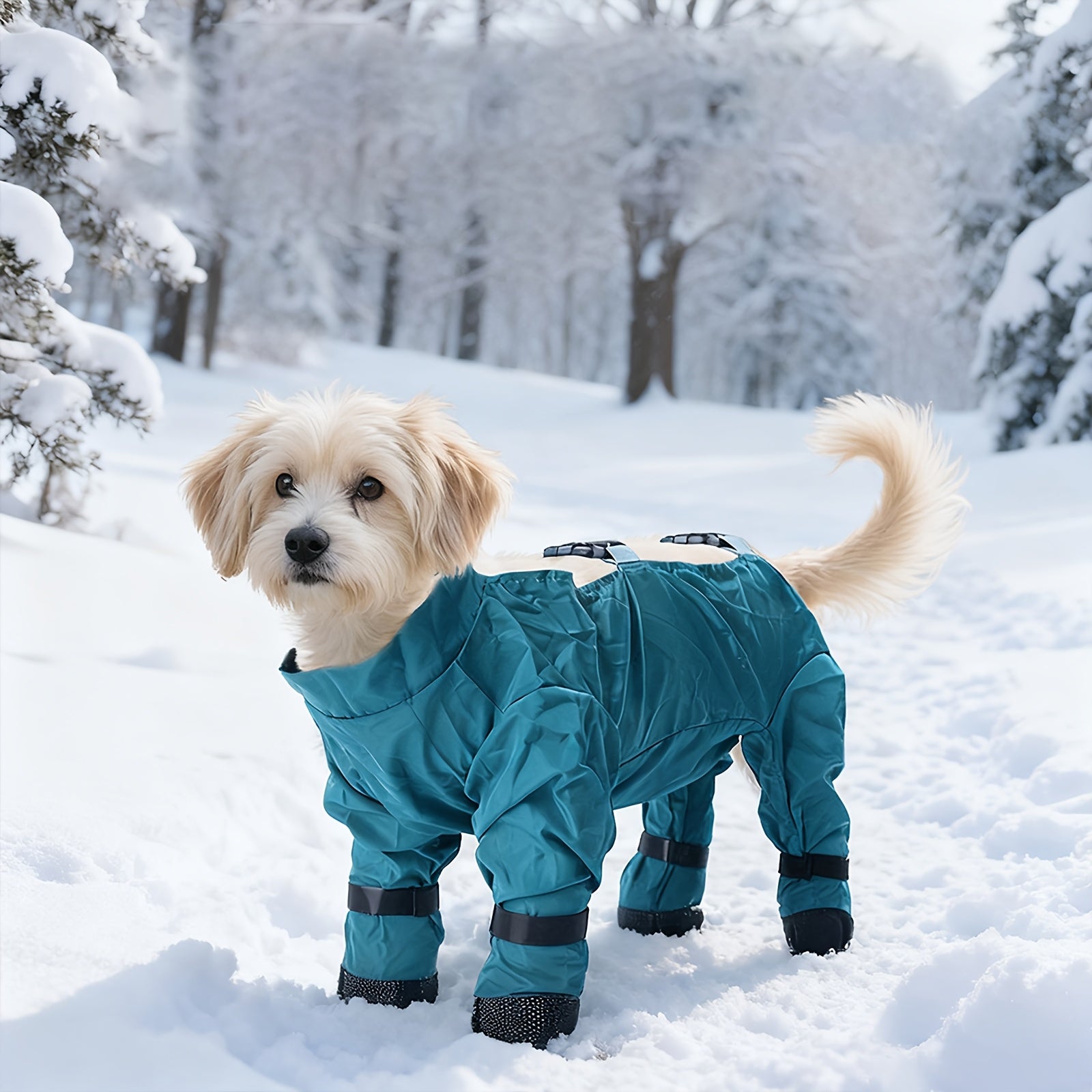 Dog wearing a blue winter coat standing in the snow with a snowy forest background
