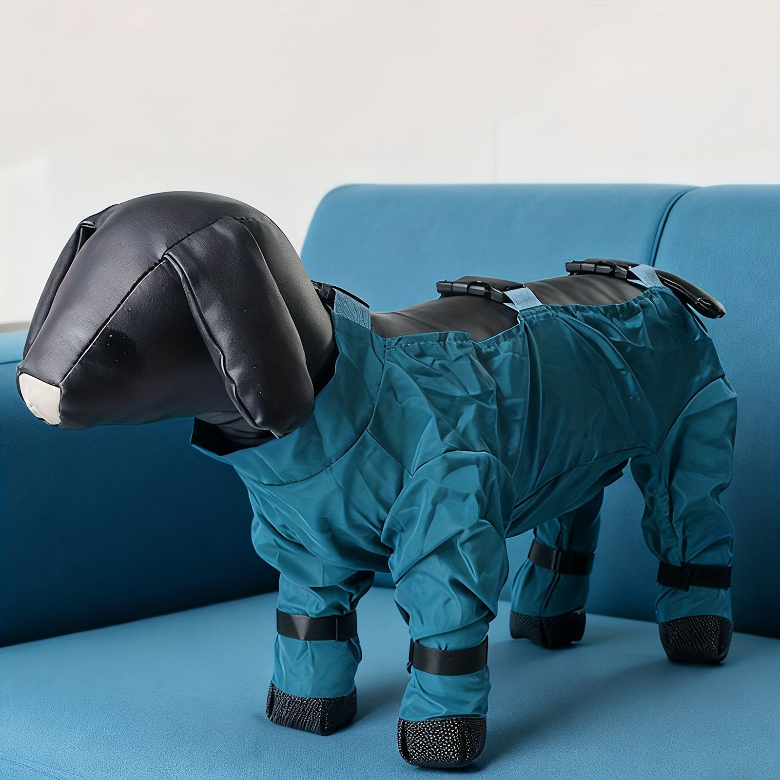 Dog in a blue raincoat standing on a blue couch.