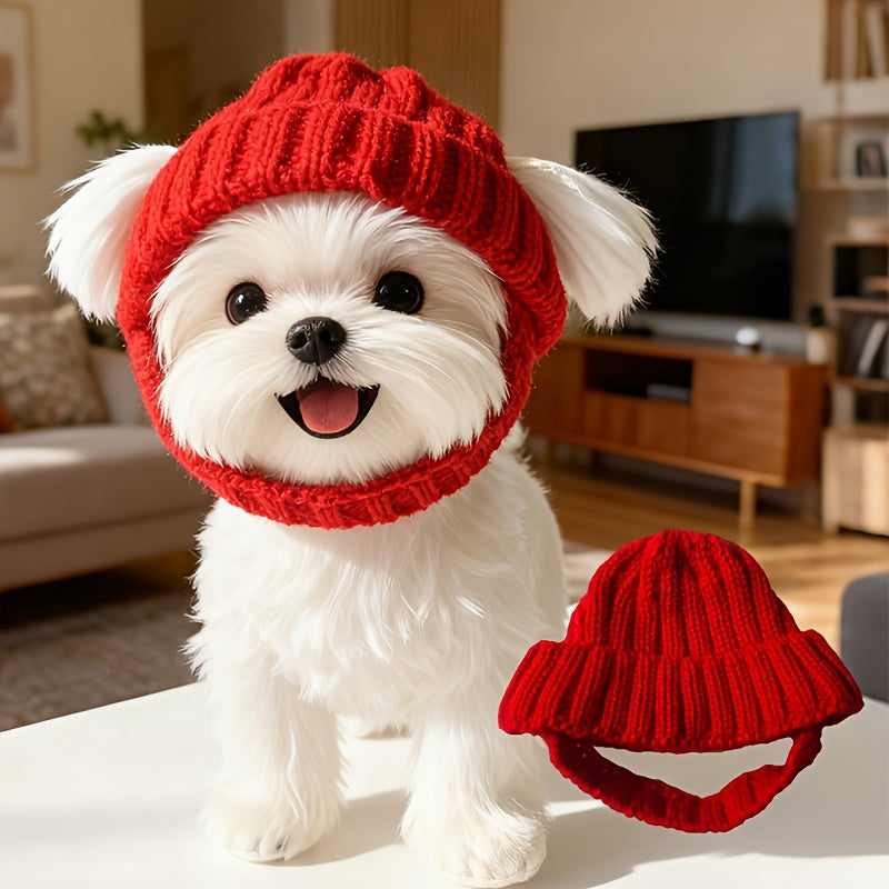 Dog Winter Hat - Knitted Red with Maltese Dog Ear Hood