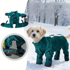 Dog wearing a green snowsuit in a snowy landscape with inset images showing the snowsuit details.