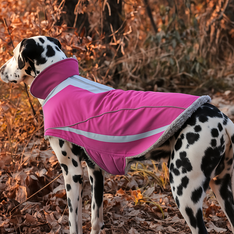 Dalmatian dog wearing a pink coat standing in autumn leaves.