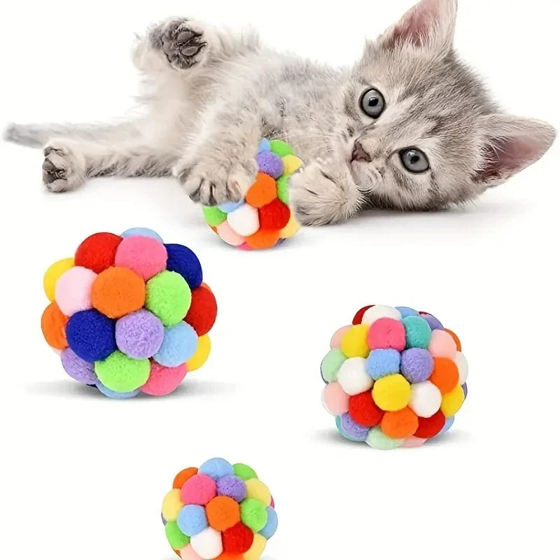 Cat Plush Bell Ball Toy – Colorful Woolen Self-Play Ball