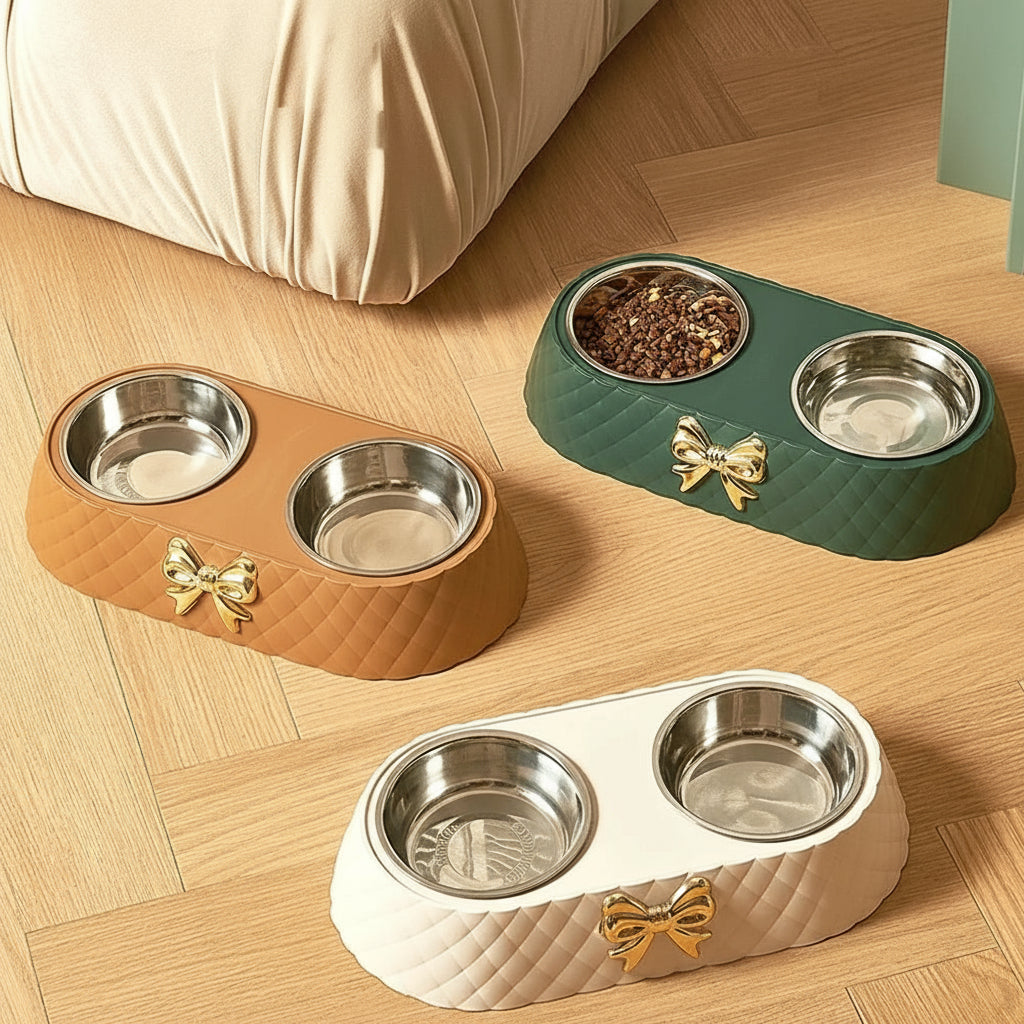Pet Bowls - Twin Dog Cat Food Water Dish Set