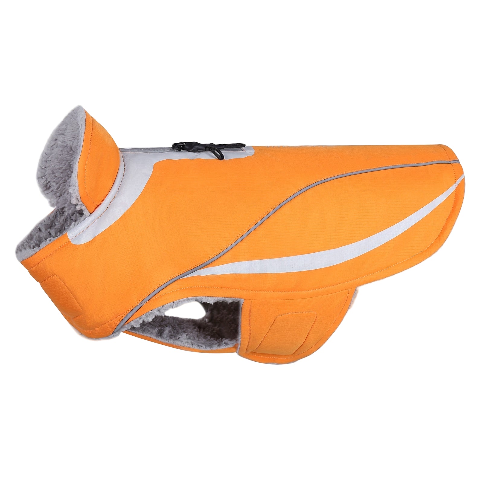 Orange dog coat with gray fur lining on a white background