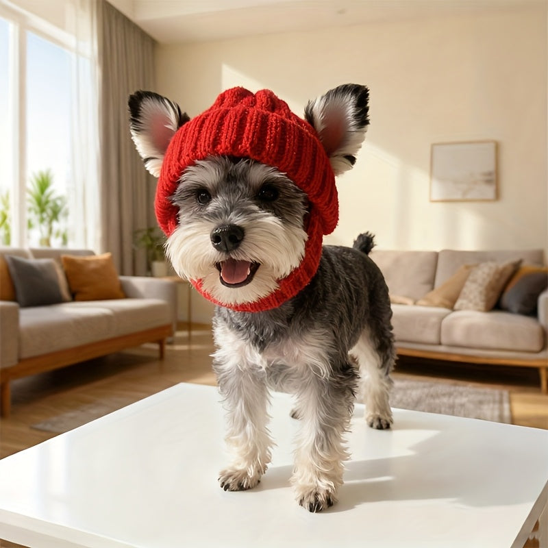 Dog Winter Hat - Knitted Red with Maltese Dog Ear Hood