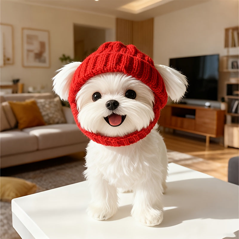 Dog Winter Hat - Knitted Red with Maltese Dog Ear Hood