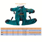 Teal dog raincoat with measurement chart on a white background