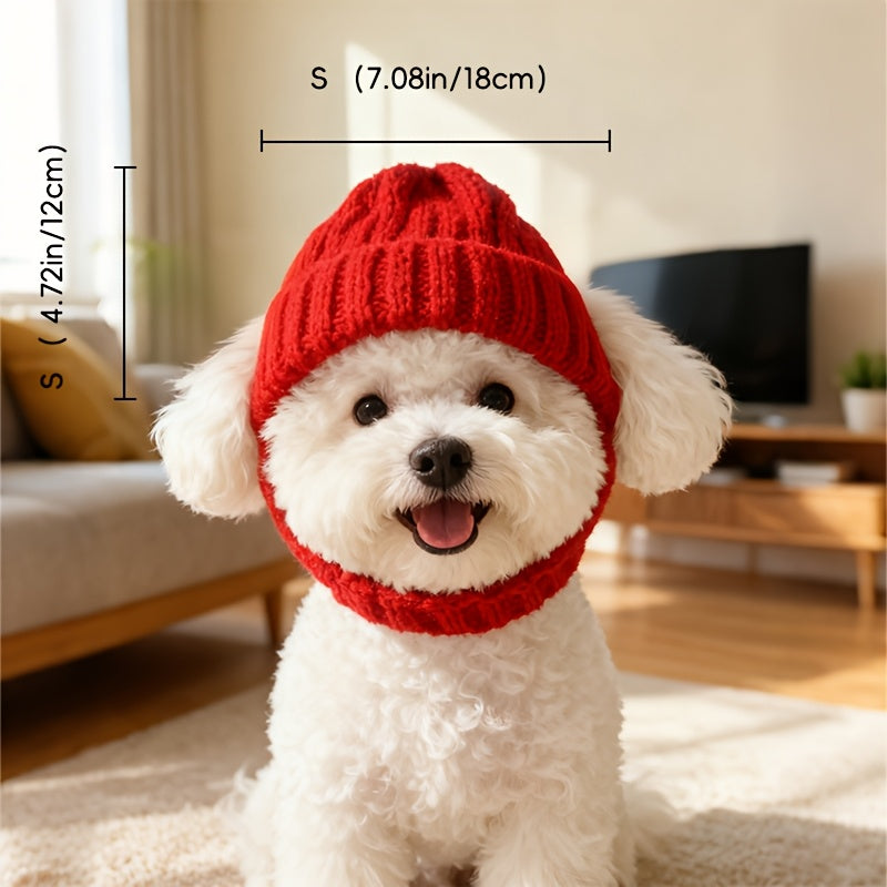 Dog Winter Hat - Knitted Red with Maltese Dog Ear Hood