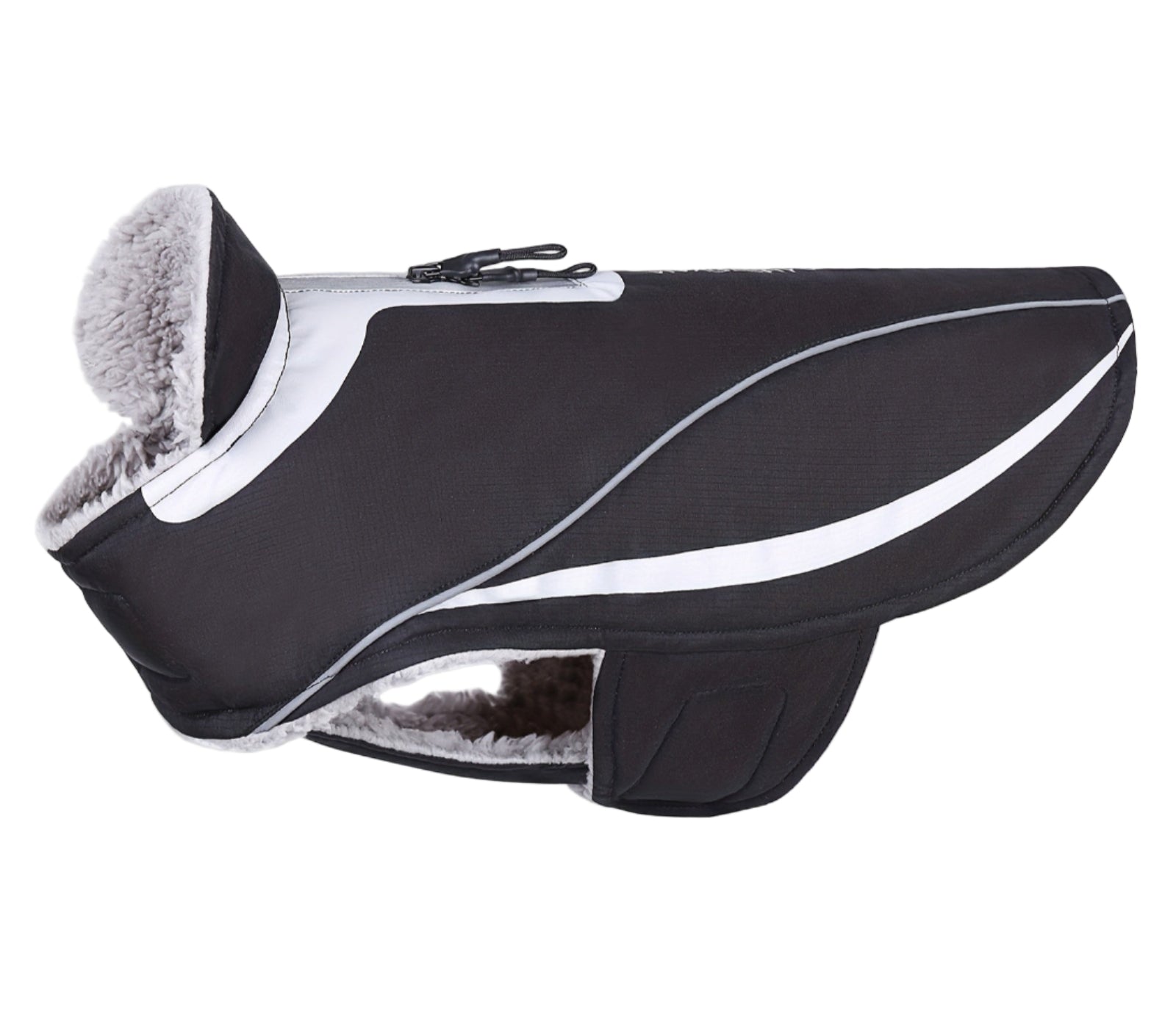 Black and gray dog coat with white stripe on a white background